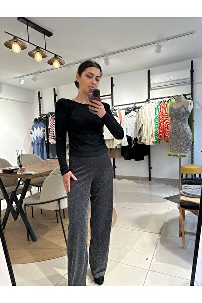 soBasic Elastic Waist Glitter Fabric Wide Leg Pants