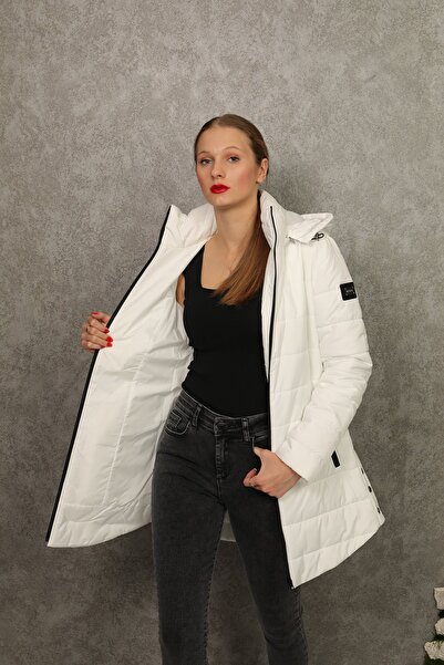 Rain and River Hooded Quilted Coat with Side Panels and Closure Details