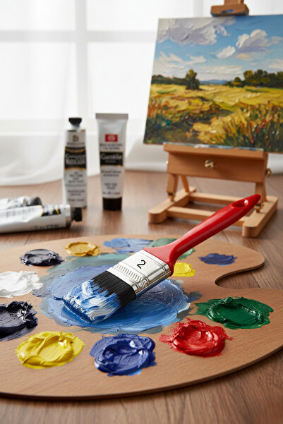 HkTeknik Plastik Saplı Yağlı Boya Akrilik Fırçası No:2 Resim Ressam Fırçası H...