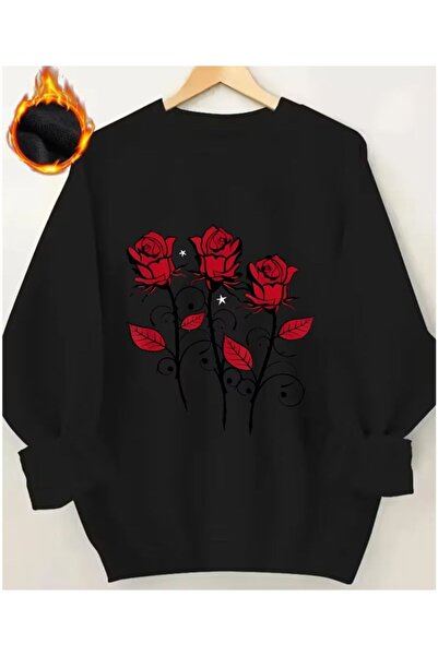 herkesemoda Detaliu cu imprimeu cu trandafiri guler rotund Swea tricou