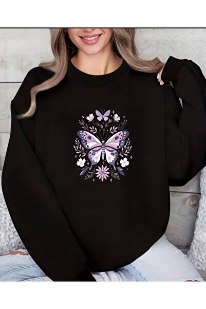 herkesemoda Detaliu de imprimare cu fluturi violet guler rotund Swea tricou