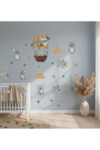Baskı Madeni Koala uçan Balonlar Bulutlar Çocuk Odası Duvar Sticker Seti, büy...