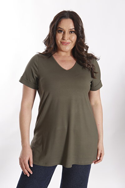 Metpoint Basıc V Yakalı Haki Kadın Bluz Tişört