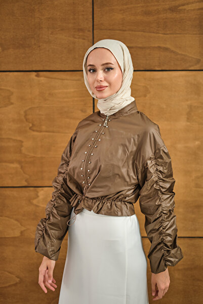 LOCCO Women's Front Beading Detail Short Raincoat Brown