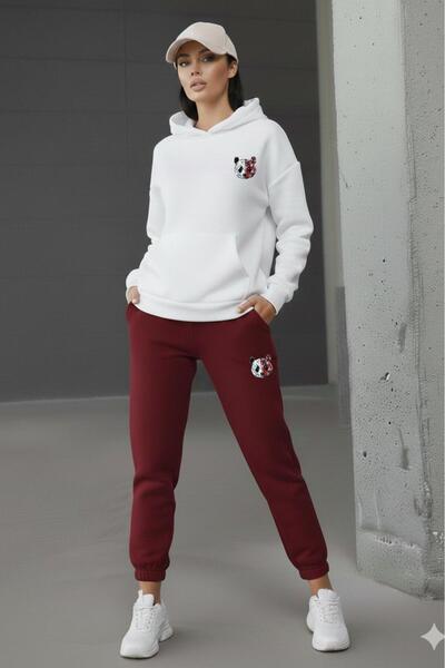NO 601 Women's White Hooded Burgundy Sweatpants Renklipanda Printed Set