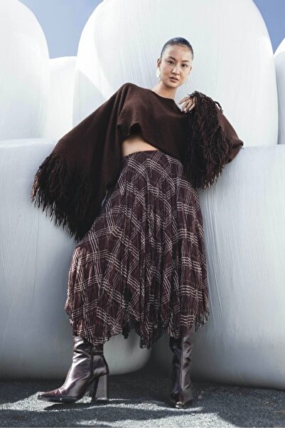 Noi Belis Boho Astarlı Beli Lastikli Fermuarlı Skater Etek Ucu Asimetrik Detaylı Dokuma Etek AW25ET0004