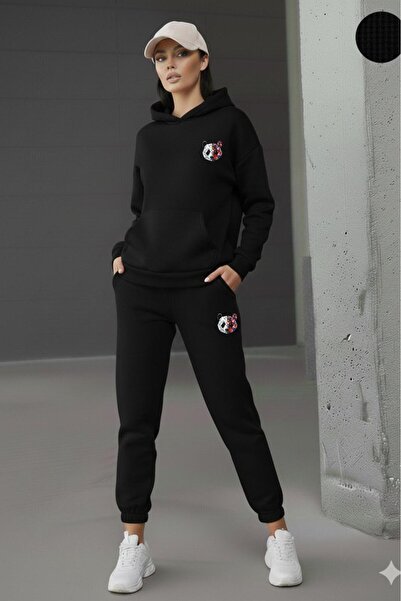 NO 601 Women's Black Hooded Black Sweatpants Renklipanda Printed Set