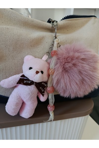 chibi Powder Pink Cute Teddy Bear & Mink Pompom Design Bag Charm Gift Accessory & Keychain