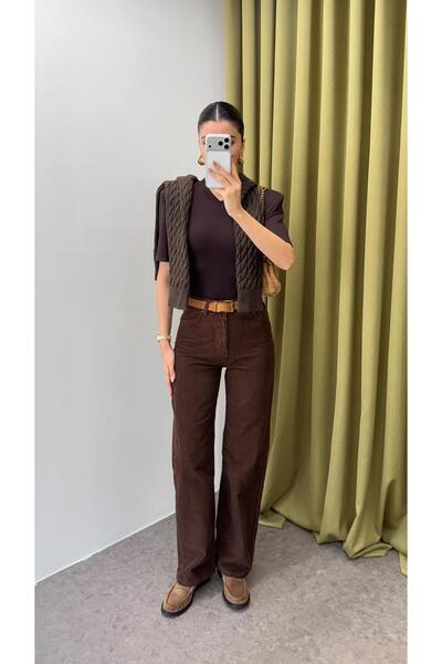 HAZELANNA Corded Fabric Brown Velvet Trousers