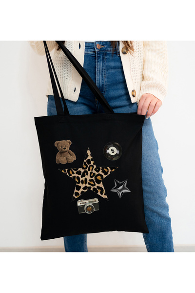 kun inaki Leopar Desenli Yıldız Teddy Bear Ve Fotoğraf Makinesi Dataylı Siyah...