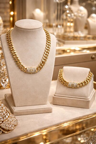 lotusbybuket 14 ayar altın kaplama çelik kuyumcu model zirkon taşlı gold kolye-bileklik seti