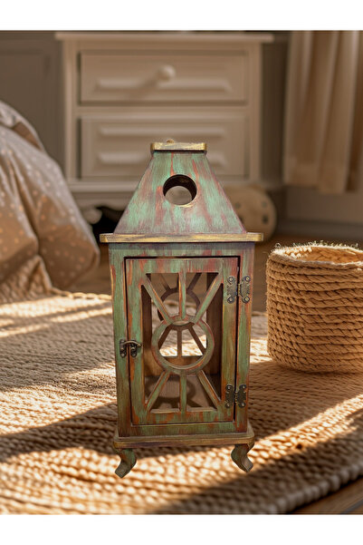 Lotus Büyük Boy Ahşap Fener 50x20 cm El Boyaması Eskitme Vintage Dekor