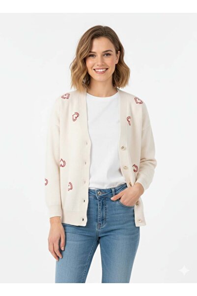 ModaPlaza Women's Acrylic Heart Printed Cardigan 3245