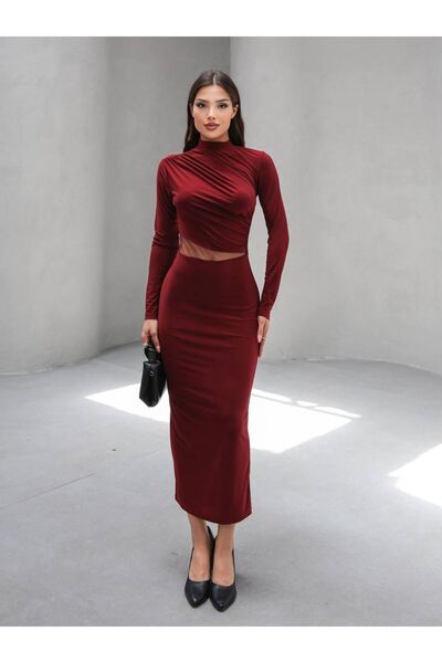 Shelley Flexible Sandy Fabric Tulle Low-Cut Detail Mock Neck Long Sleeve Midi Length Maroon Pencil Dress 583154