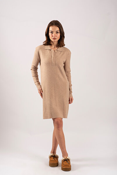 LIORAVENNE Kadın Bej Polo Yaka Uzun Kollu Triko Elbise | Yumuşak Dokulu Regul...