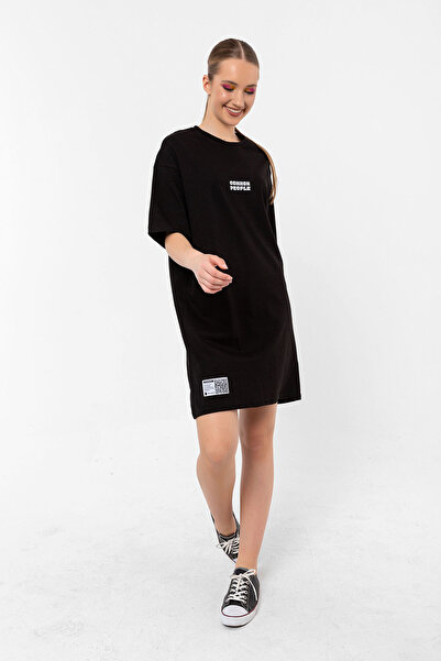 Common People Logo Siyah Oversize T-shirt Elbise