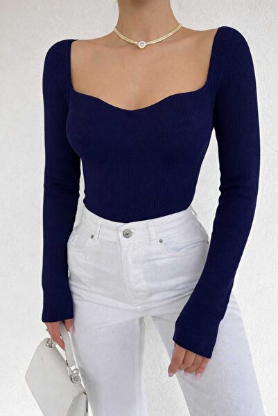 MODAMERSİ Women's Navy Blue Heart Collar Knitwear Sweater