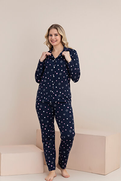 rindahomewear Women's Milan Knitted Heart and Star Patterned Long Sleeve Buttoned Pajama Set