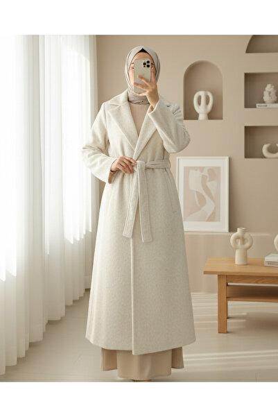 Modamorfo Beli Bağlamalı Astarlı Cepli Sakallı Kaban -Krem