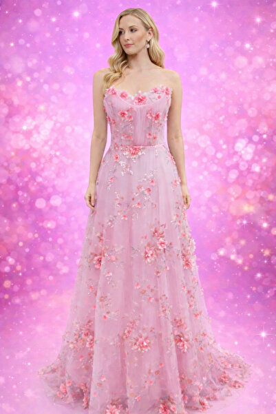 Hüseyin Baştürk 3 BOYUTLU ÇİÇEK DESENLİ STRAPLEZ ABİYE