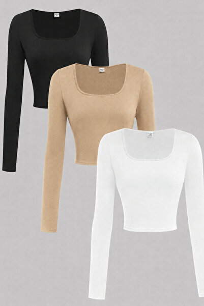 ÖZ PAMUK Kare Yaka 3 lü ADET Basic DÜZ Kumaş Uzun Kollu Likralı Bluz