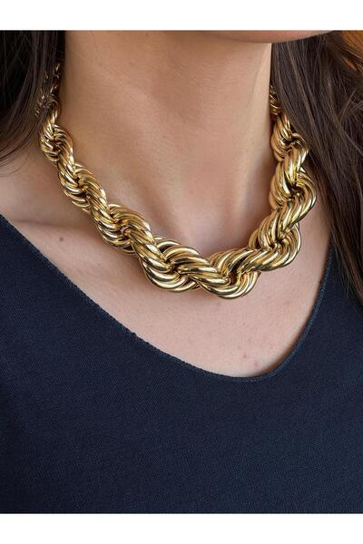 Luseda Gold Renk Örgü Halat Görünümlü Kalın Zincir 50cm Kolye