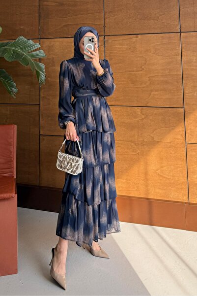 Rimel Moda Fırça Desenli Elbise Lacivert