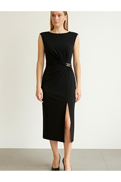 Deck Kadın Kırmızı Drapeli Gold Tokalı Uzun Elbise