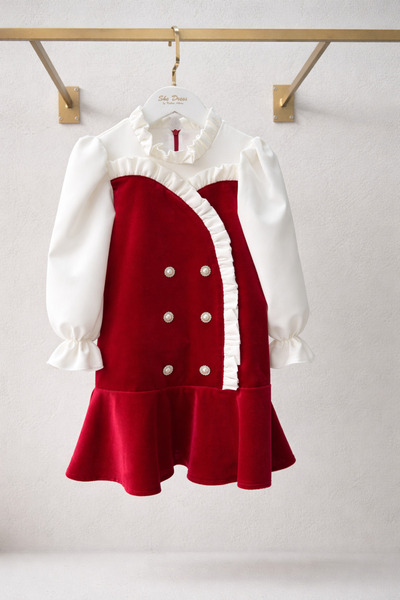 She Dress By Kubra Aksoy Kız Çocuk Bordo Kadife Abiye Elbise – Taş Düğme Deta...