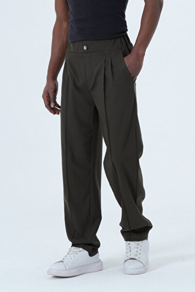 RELAXL Plus Size Fake Button Striped Khaki Green Baggy Pants