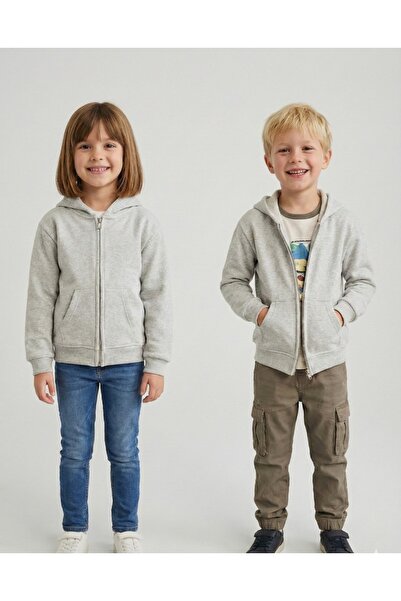 Kyex Cardigan unisex pentru copii, gri melange, cu fermoar cu glugă Swea tricou - Cel mai confortabil pentru școală și zilnic B basic