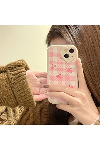 MustCase iPhone 13-14 Case Plaid Cherry Pattern Cream Phone Case Stylish Protective Case with Heart Camera Frame