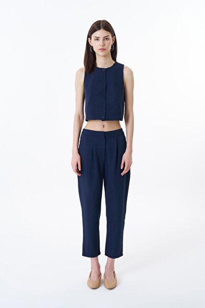 Quzu Buttoned Front Women's Vest Ylk00005 Navy Blue