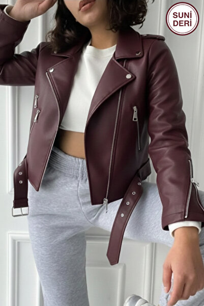 MEECY Women's Zr Model Zipper and Belt Detail Leather Jacket