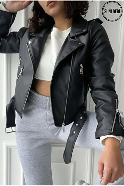 MEECY Women's Zr Model Zipper and Belt Detail Leather Jacket