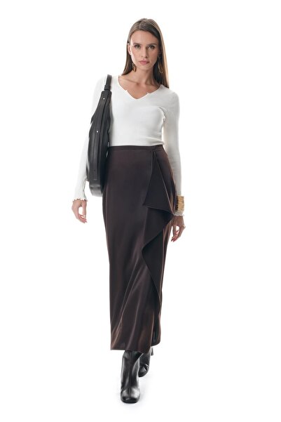 EXPLOSION Saten Önden Volanlı Midi Yırtmaçlı Etek