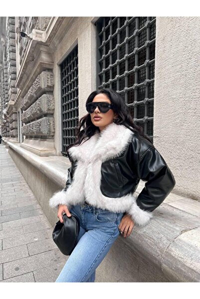 Göker Life Kadın Çift Taraflı Kürk Detaylı Deri Görünümlü Mont