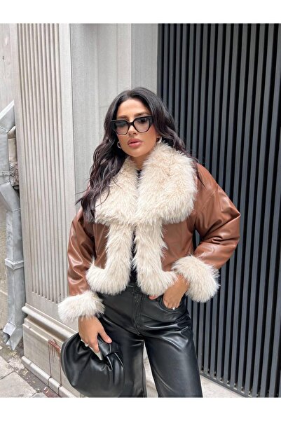 Göker Life Kadın Çift Taraflı Kürk Detaylı Deri Görünümlü Mont