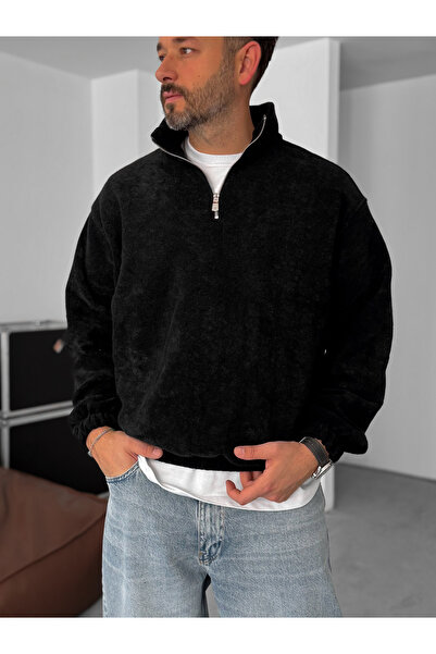 BYBASICMAN Μαύρο βελούδινο φούτερ με μισό φερμουάρ JJ-173