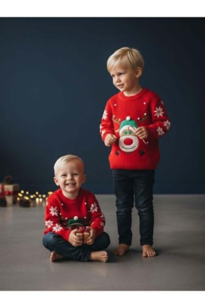 Zekids Children's Christmas Themed Red Sweater with Deer