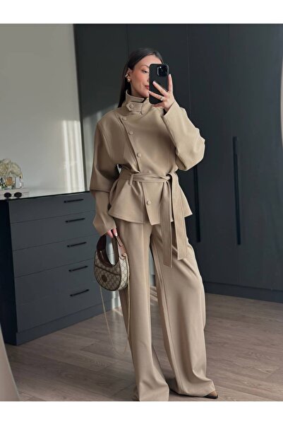 Tugen Co طقم سترة وبنطلون بياقة قائمة