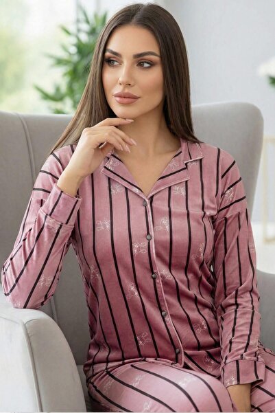 Pijamaevi Pink Lineo Patterned Exclusive Front Buttoned Velvet Women's Pajama Set