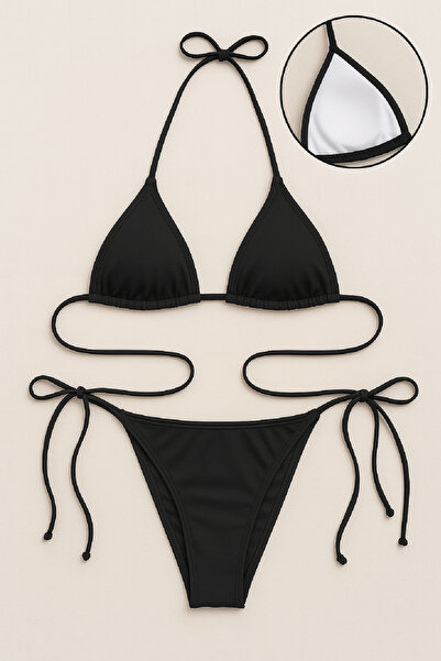 İntive Lingerie Women's Black Side and Neck Tie Bikini Swimsuit Set