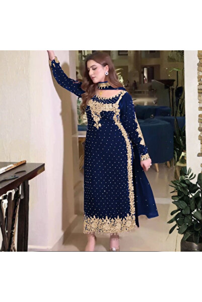 MYSMAR Blue Viscose Velvet Kameez Salwar & Dupatta- HRT5586 | Blue