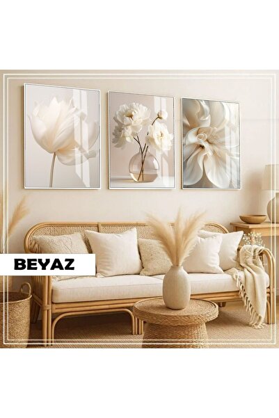 Harikabirev HARİKABİREV|SOFT BEYAZ ZARİF ÇİÇEKLER KOMBİNİ |ÇERÇEVELİ CAM TABL...