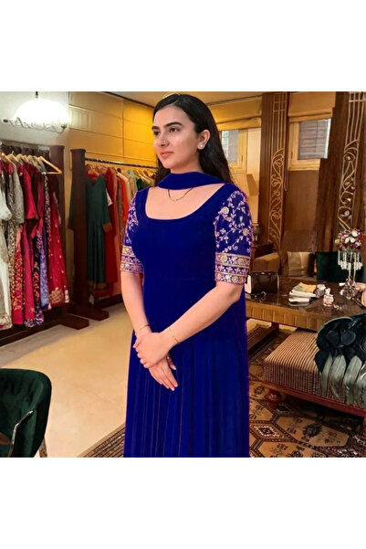 MYSMAR Blue Faux Georgette Gown Set - NJF2461 | Blue