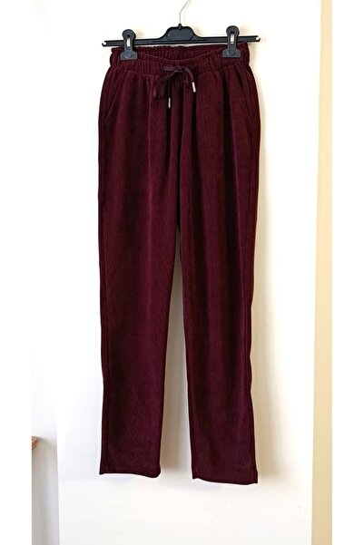 Butik Şans Women's Burgundy Velvet Elastic Waist Pocketed Comfortable Fit Trousers