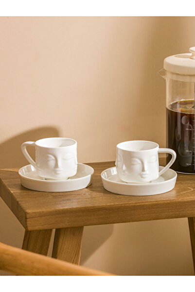 LC Waikiki White face figured porcelain coffee cup set for two