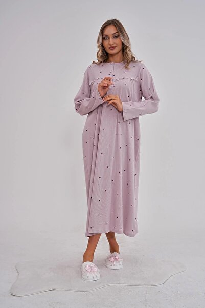 Lohusa Homewear Women's Lilac Patterned Design Stylish Full Length Long Sleeve Plus Size (Oversized) Nightgown