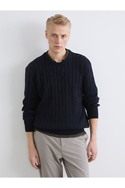 LC Waikiki Navy Blue Hair Braid Patterned Men's Knitwear Sweater